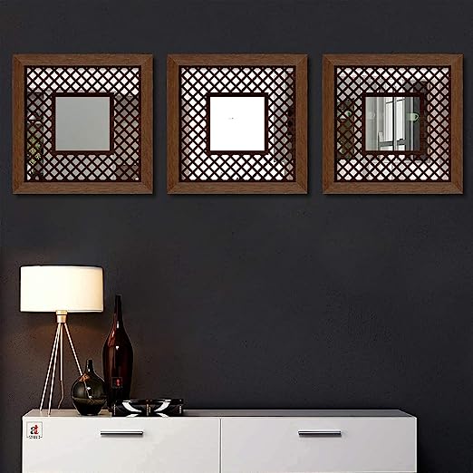 Decorative Wall Mirror Block Design Black Set of 3 Square Shape Mirror for Home Decoration & Wall Decoration- Size-13.2 X 13.2 Inches