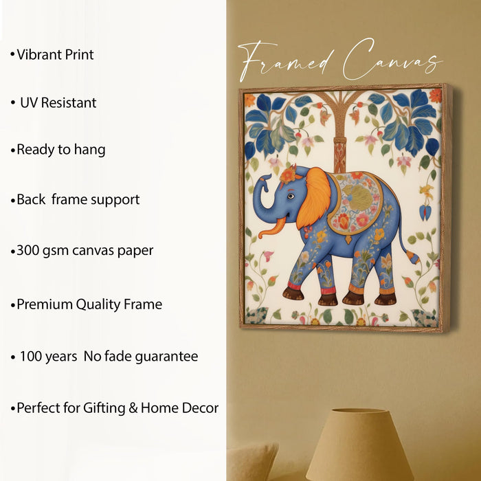 Traditional Madhubani Elephant Framed Painting For Living Room | Indian Folk Elephant Tree Large Canvas Painting With Frame Wall Art For Bedroom, Hallway's, Office, Hotel, Size 58x58 cm