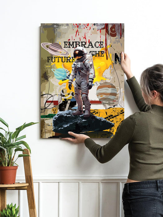 Art Street Stretched Canvas Painting Embrace The Future Astronaut Pop Graffiti Art For Home (Size: 16x22 Inch)