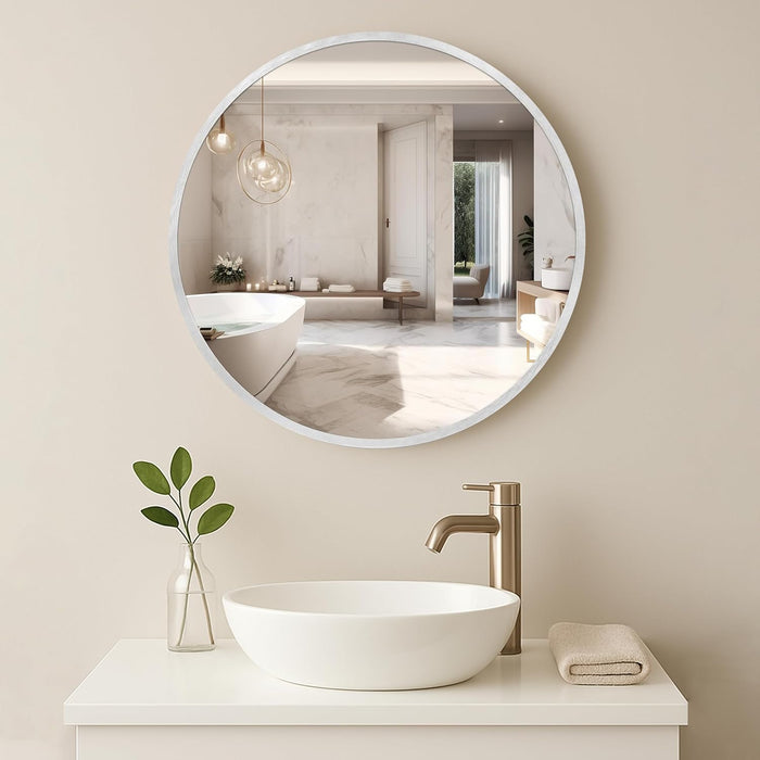 Round Decorative Wall Mirror with Aluminum Metal Frame Silver | Modern Design Vanity Mirror (Silver, 40x40 cm)