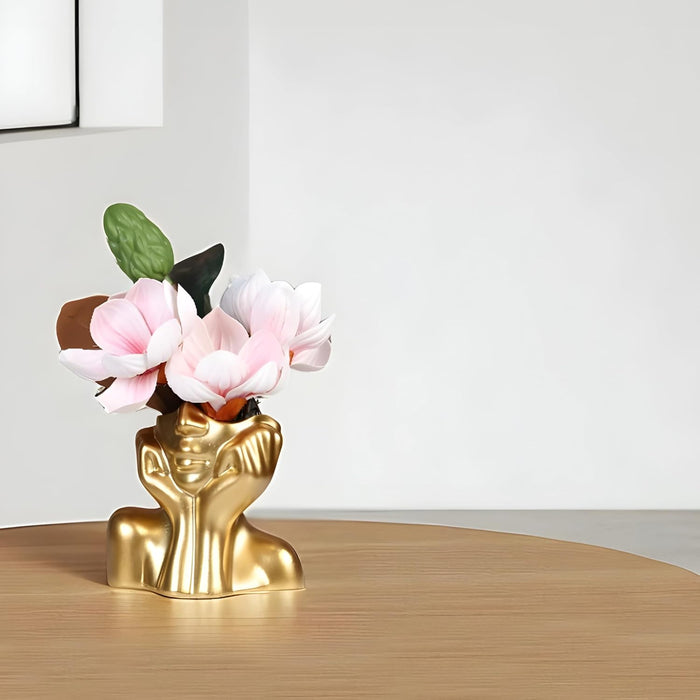Golden Resin Face Flower Vase Handmade Human Face Shaped Pot Decorative Showpiece – 11x13 cm