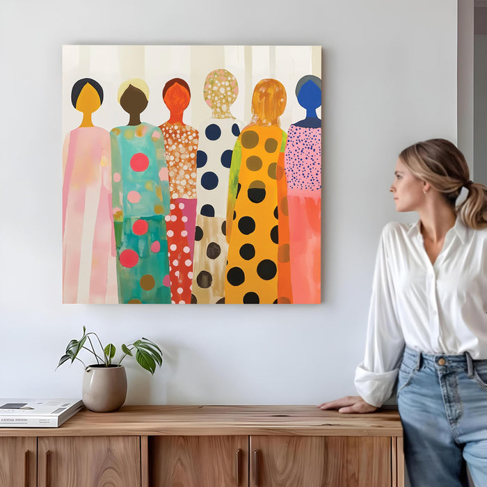 Feminine Abstract Wall Art Painting For Living Room, Modern Colorful Feminine Stretched Canvas Wall Art Poster Featuring Stylized Women in Polka Dot Dresses for Living Room & Office (56xx56 cm)