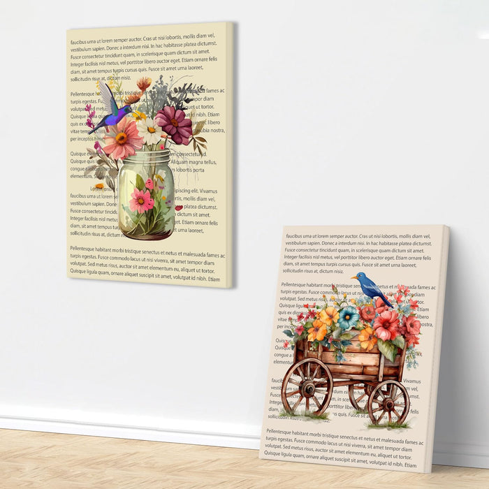 Art Street Set of 2 Stretched Canvas Painting Jardin Bird and Floral Dictionary Wall Art for Home Decor, Living room, Office, Hotel & Bedroom Size (12x16 inch)