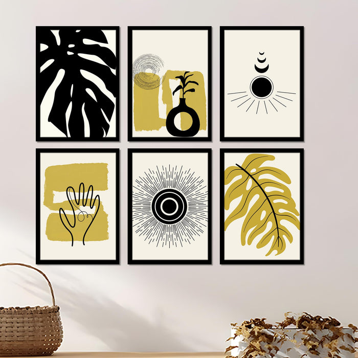 Abstract Botanical & Geometric Framed Painting Wall Art Set of 6 | Modern Neutral Prints | Beige, Brown & Black Tones | Engineered wood Frame Wall Décor, (Size: A3)