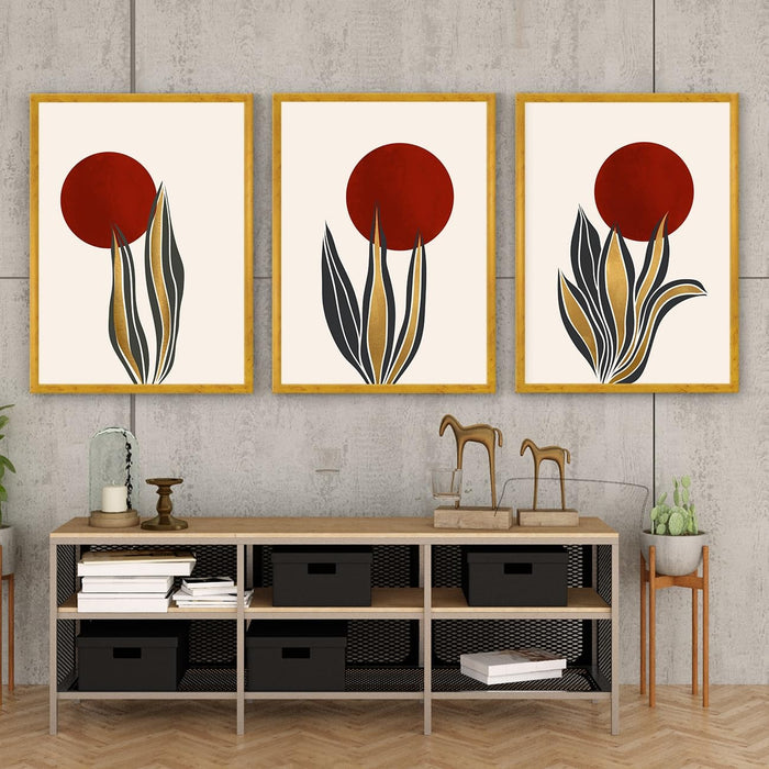 Art Street Wall Art Prints Embossed Laminated Framed, Three Red Moon on Leaf Print For Wall Décor Abstract Art (Size: 16x22 Inch)