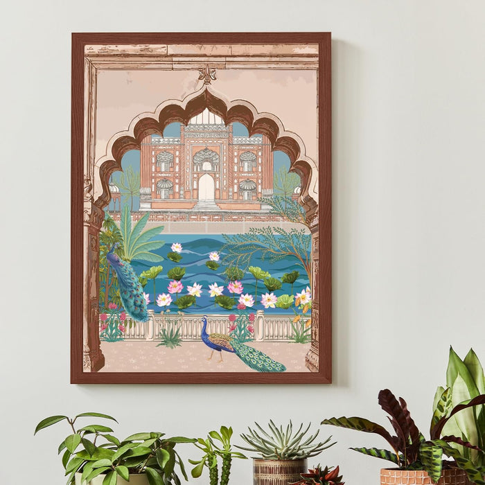 Art Street Wall Art Prints Embossed Laminated Framed, Peacock in Mughal Tomb Art For Wall Décor Abstract Art (Size: 16x22 Inch)