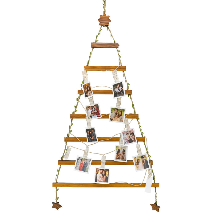 Wall Hanging Christmas Tree Photo Holder with 12 Warm LED Clip Lights Wooden Photo Hanger 46x94 cm