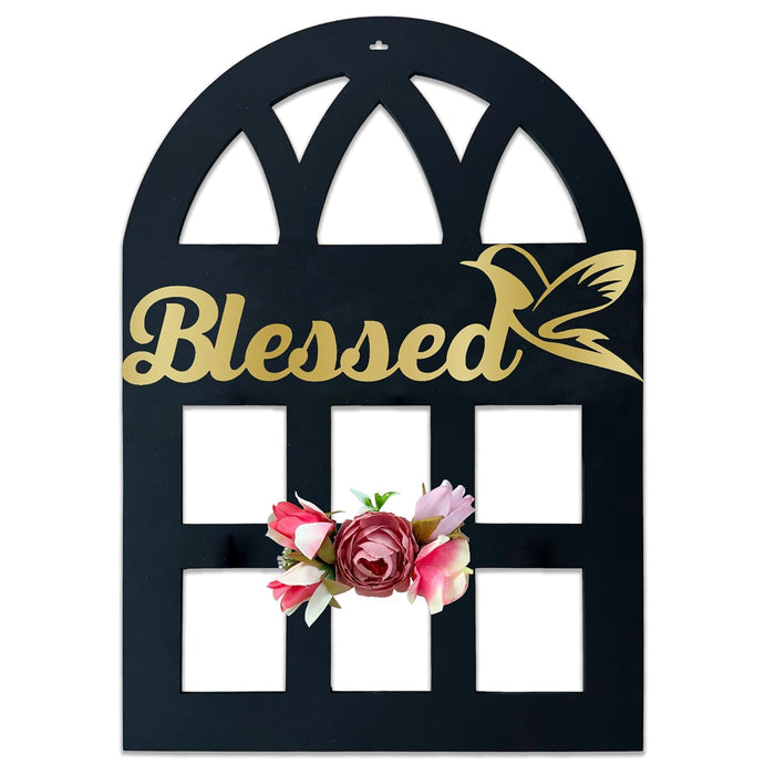 MDF Cutout in Window style with Golden Acrylic Plaque & Peony Artificial Flower for home décor (Size - 12x16 Inch)