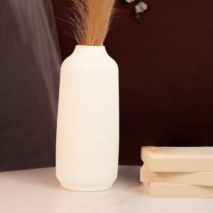 Beautiful Flower Vases for Home PVC Pot for Plants Stand Elegant Ribbed Texture White Vase Pot, Made of Durable Plastic PVC Height - 25 cm