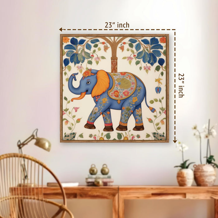 Traditional Madhubani Elephant Framed Painting For Living Room | Indian Folk Elephant Tree Large Canvas Painting With Frame Wall Art For Bedroom, Hallway's, Office, Hotel, Size 58x58 cm