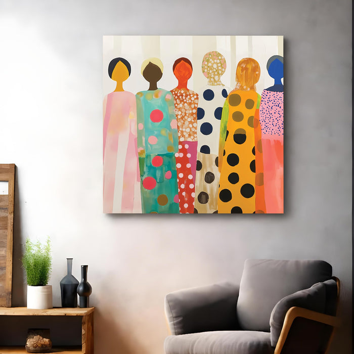 Feminine Abstract Wall Art Painting For Living Room, Modern Colorful Feminine Stretched Canvas Wall Art Poster Featuring Stylized Women in Polka Dot Dresses for Living Room & Office (56xx56 cm)