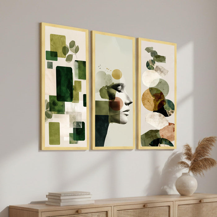 Abstract Botanical & Face Framed Wall Art Set of 3 | Modern Boho Green Tone Wall Décor |Engineered Wood Frame Art for Living Room, Bedroom & Office, 8.9x18.9 Inch