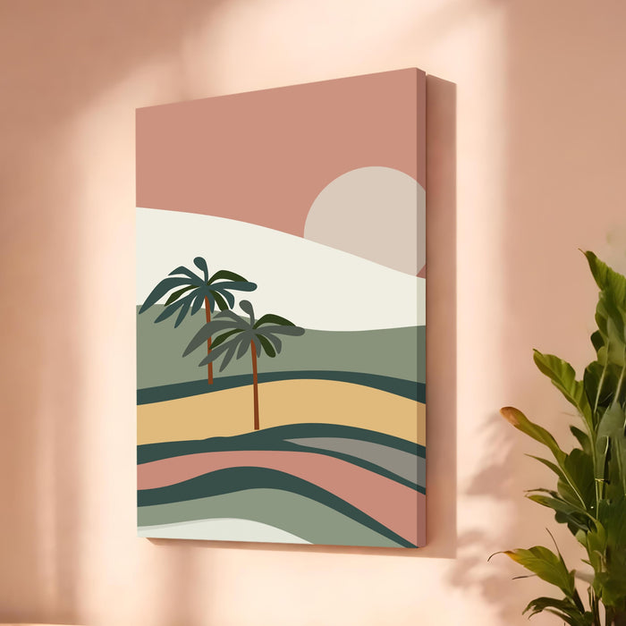 Boho Landscape Stretched Canvas Painting For Living Room | Graphic Tropical Palm Stretched Canvas Wall Art For Livingroom Home Decor, Bedroom, Hallway's, Office, Hotel - 56x86 cm