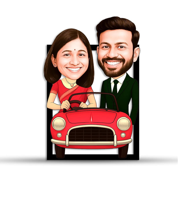 Customized Face Caricature With Car Character Cartoon Photo Frame, MDF Personalized Caricature Anniversary Gift For Husband, Wife, Customised Gift For Friends & Family, Boyfriend, Couples