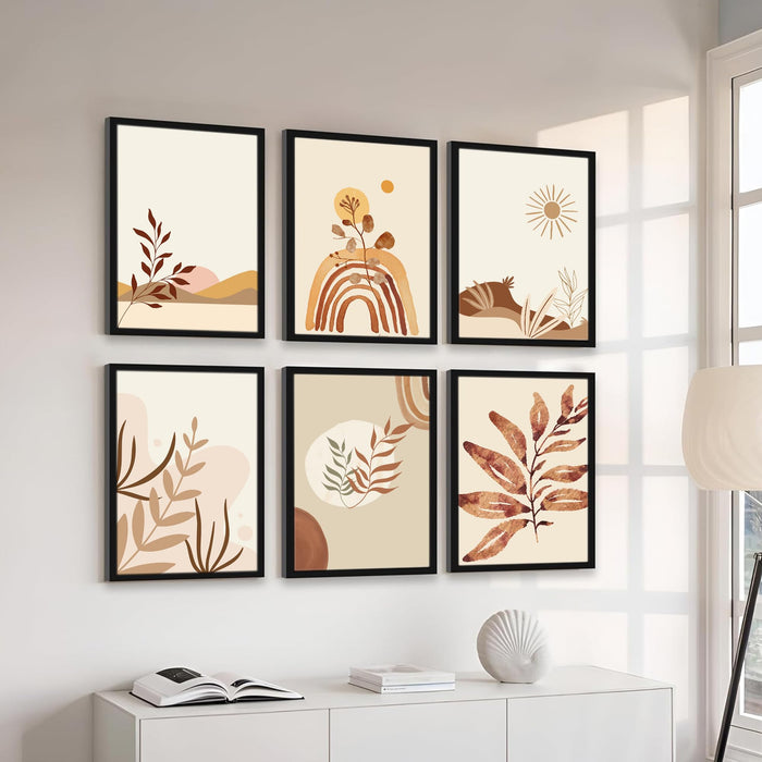 Boho Landscape Framed Painting Wall Art Set of 6 | Sun, Moon & Botanical Desert Prints | Warm Earth Tones | Engineered wood Frame Wall Décor, (Size: A3)