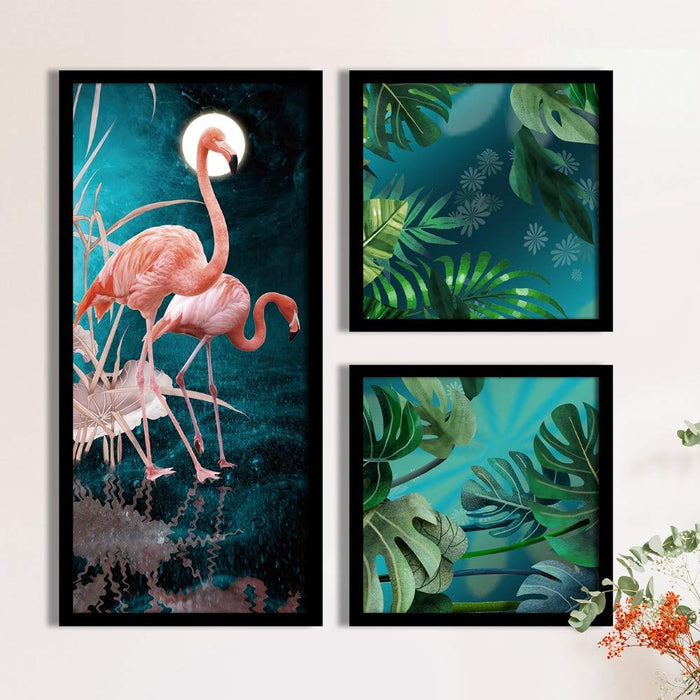 Peacock Butterfly Theme in Framed Printed Set of 3 Wall Art Print, Painting