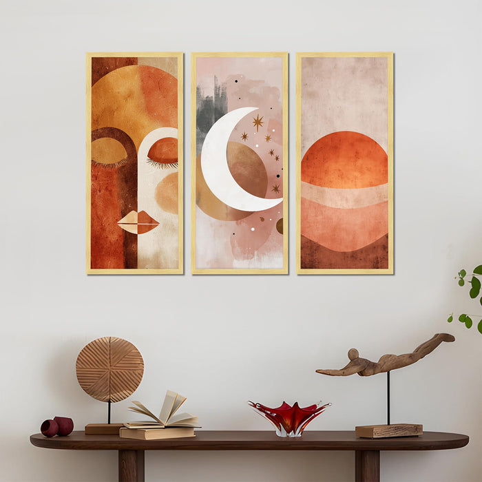 Abstract Face & Celestial Framed Wall Art Set of 3 | Modern Boho Art Prints with Engineered Wood Frame | Wall Décor for Living Room, Bedroom & Office, 8.9x18.9 Inch