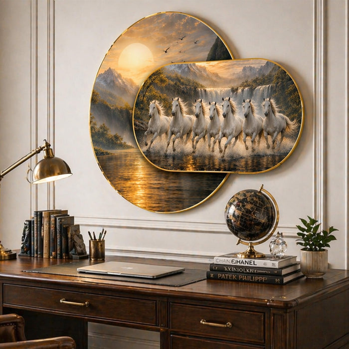 7 White Running Horses Framed Painting For Living Room Abstract Vastu Sunrise Unique Layered Home Wall Decor- 56x82 cm