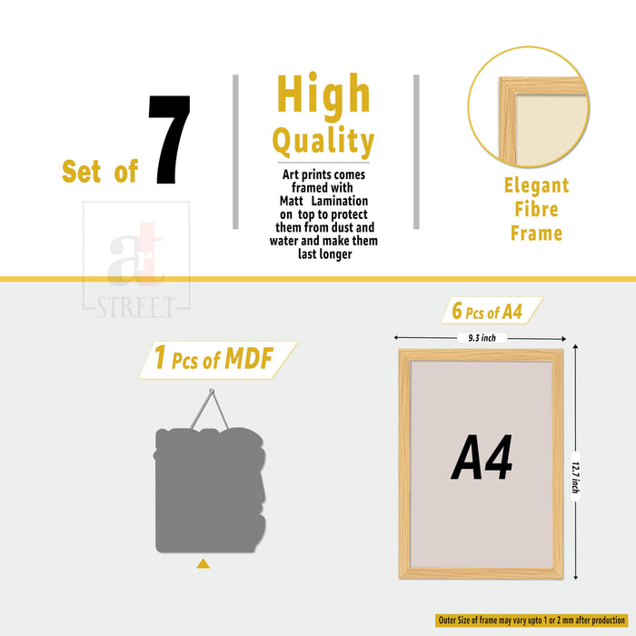 Coffee Retro Theme Kitchen and Cafe Framed Wall Art Painting Food Kitchen Quotes Painting With Frame Wall Decor for Home, Restaurant, Café, Set of 7 (1 MDF wall Hanging) 9x13 Inch