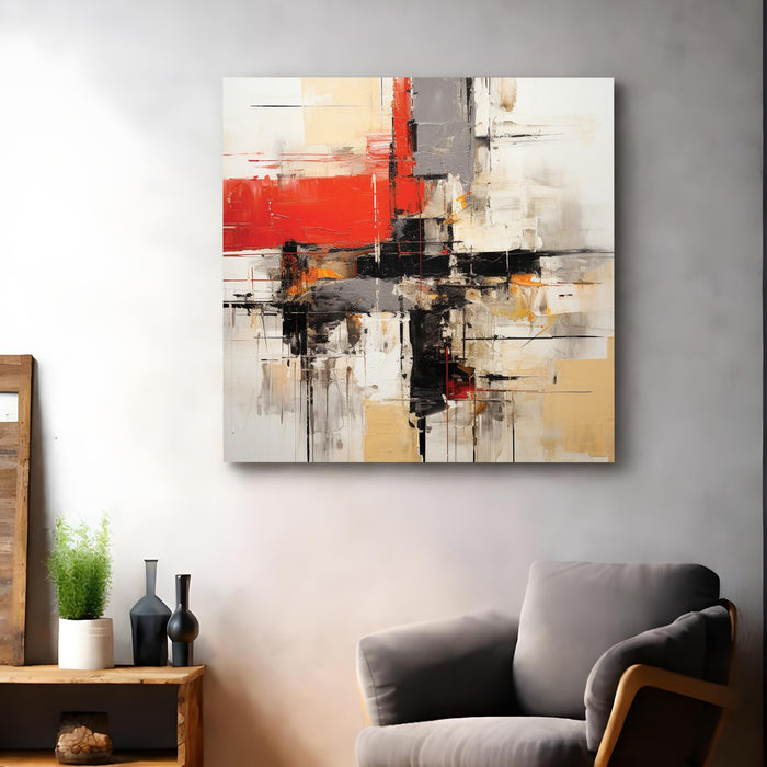 Abstract Texture Wall Art Painting for Living Room, Modern Red, Black & Gold Geometric Stretched Canvas Wall art Poster, Contemporary Decor for Living Room, Office & Home (56xx56 cm)