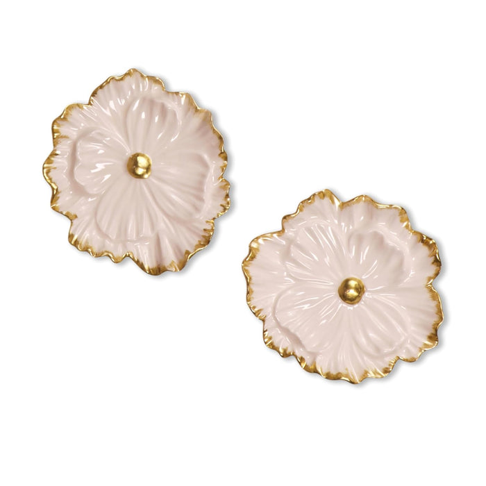 Pack of 2 White and Golden Floral Shape Ceramic Wall Decor Plates Handmade Round Floral Wall Hanging Decorative Items – 14x14 cm