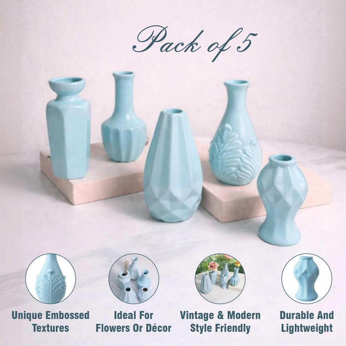 Set of 5 Light Blue Ceramic Decorative Vases for Home Decor | Modern Minimal Flower Vase Set for Living Room, Bedroom, Table & Gift