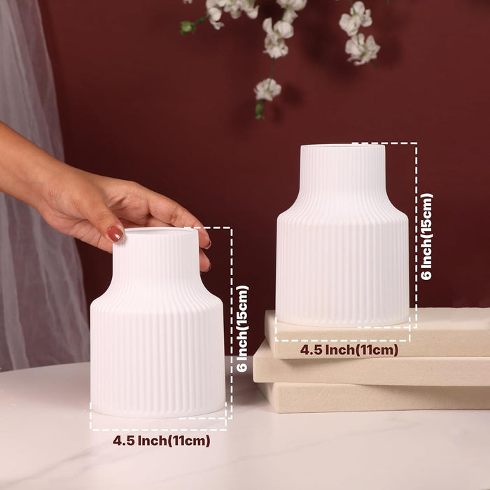 Beautiful Flower Vases, PVC Pot for Plants Stand Elegant Ribbed Texture White Vase Pot, Made of Durable Plastic PVC Height - 15 cm