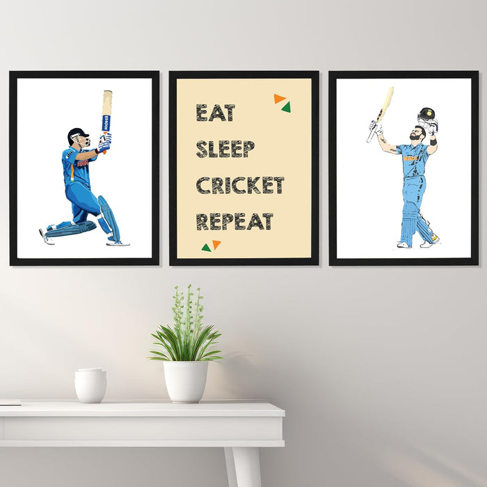 Art Street Cricket Player Hitting Six Sports Framed Wall Hanging Poster For Home Decor, Living Room, Hotel and Office Decoration (Set Of 3, 12.7x17.5 Inch)