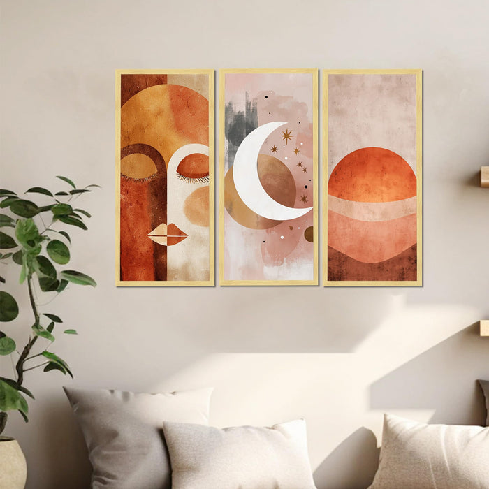 Abstract Face & Celestial Framed Wall Art Set of 3 | Modern Boho Art Prints with Engineered Wood Frame | Wall Décor for Living Room, Bedroom & Office, 8.9x18.9 Inch