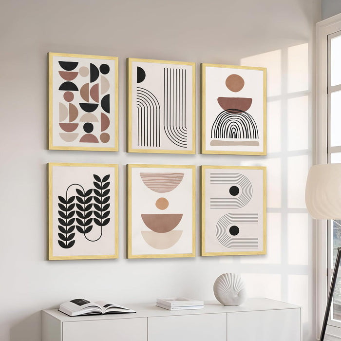 Boho Abstract Framed Painting Wall Art Set of 6 | Portrait, Botanical & Geometric Prints | Warm Neutral Tones | Engineered wood Frame Wall Décor, (Size: A3)
