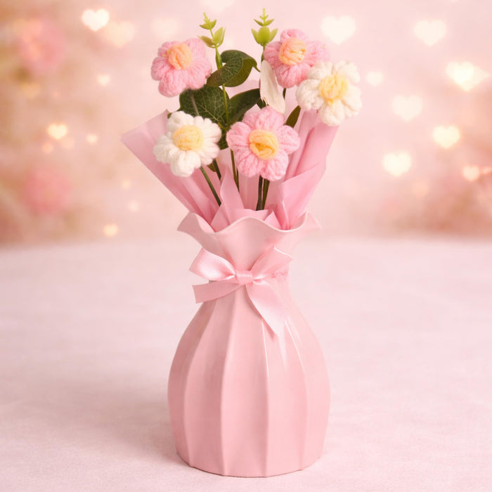 Art Street Handmade Knitted Flower Bouquet with Pink Ribbon Reusable Vase – Artificial Wool Flowers & Eucalyptus Arrangement | Home & Office Table Décor | Gift for Valentine Day