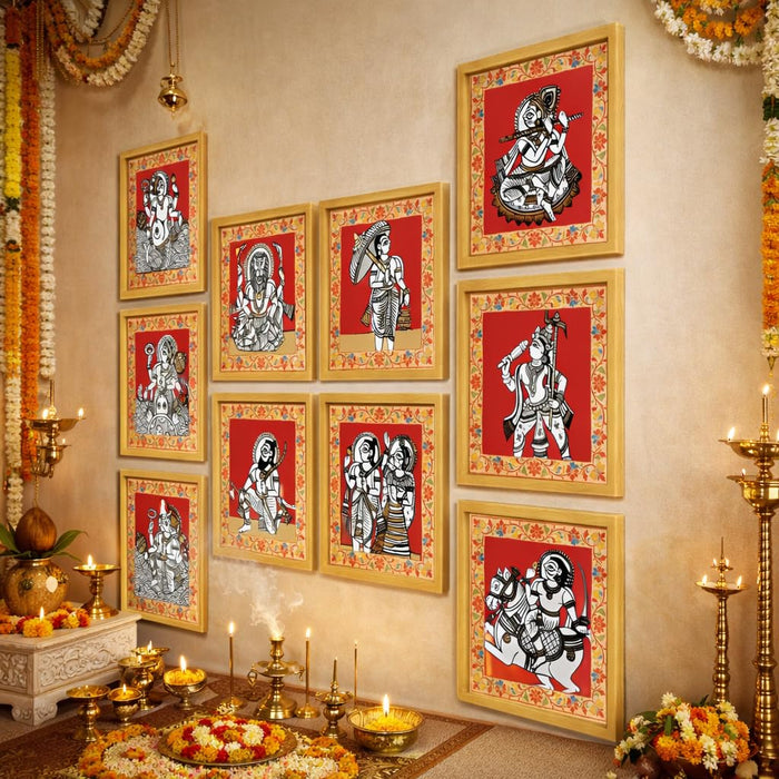 Dashavatar Wall Art Paintings With Frame For Living Room | 10 Avatars of Lord Vishnu Framed Paintings | Sacred Hindu Spiritual Wall Decor Poster for Home, Pooja Room, Gifting, Set of 10, Size 24x24 cm
