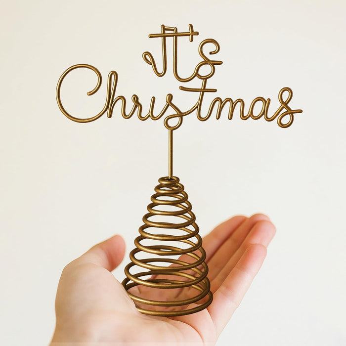 Festive Metal Gold Tree Topper It's Christmas Script Font Tree Decoration Spiral Base for Xmas-Tree Decor 19x21 cm