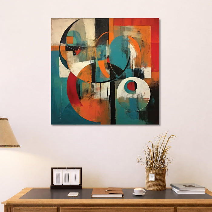 Modern Abstract Geometric Stretched Canvas Wall Art Painting for Living Room, Teal & Black Circles & Shapes Painting, Contemporary Decor for Living Room, Office & Home Decoration (56xx56 cm)