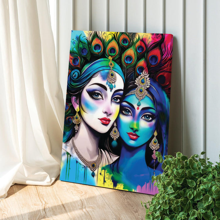 Stretched Canvas Divinity Love of Radha Krishna Rangoli Paintings For Home Decoration, (Size: 16x22 Inch)