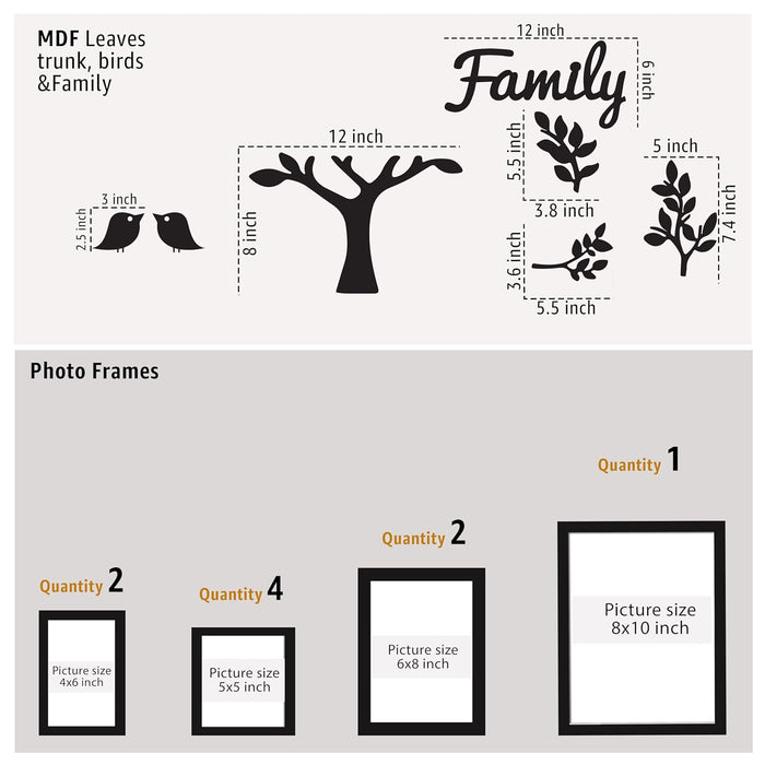 Family Tree Wall Photo Frame Set Pack of 9 with 10 MDF Cutouts for Home Decoration Wall Photo Frame Collage for Living Room Bedroom