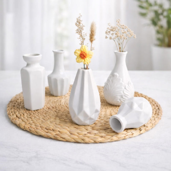 Set of 5 White Ceramic Decorative Vases for Home Decor | Modern Minimal Flower Vase Set for Living Room, Bedroom, Table & Gift