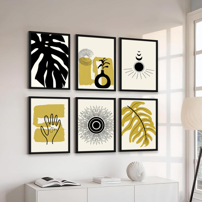 Abstract Botanical & Geometric Framed Painting Wall Art Set of 6 | Modern Neutral Prints | Beige, Brown & Black Tones | Engineered wood Frame Wall Décor, (Size: A3)