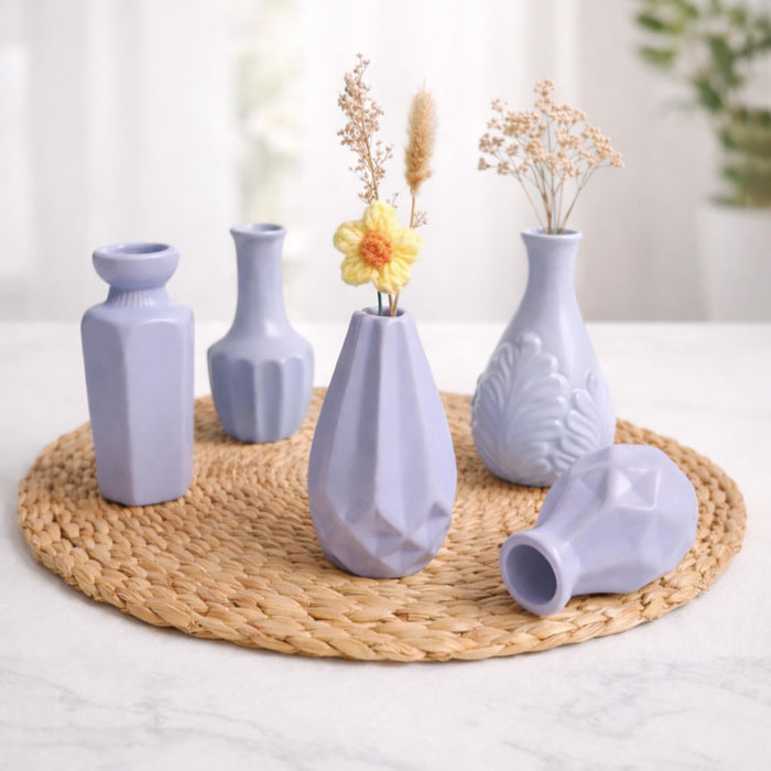 Set of 5 Grey Ceramic Decorative Vases for Home Decor | Modern Minimal Flower Vase Set for Living Room, Bedroom, Table & Gift