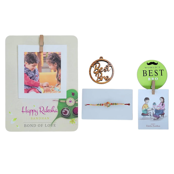 Art Street Rakhi Gift Hamper Combo Set-One 6x8 Inch Photo Clip Frame Peacock Rakhi for Brother, Best Bro Keychain, Happy Rakshbandhan, One Photo Clip Best Brother Fridge Magnet Rakshabandhan Rakhi