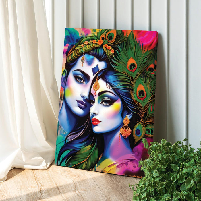 Stretched Canvas Divinity Love of Radha Krishna Rangoli Paintings For Home Decoration, (Size: 16x22 Inch)