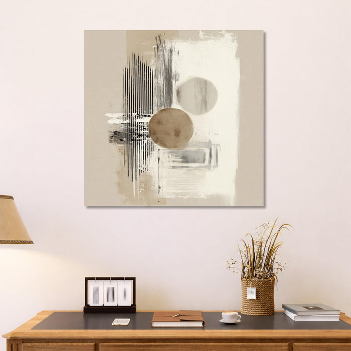 Abstract Minimalist Geometric Stretched Canvas Wall Art Painting for Living Room, Modern Neutral Painting, Overlapping Circles & Lines in Beige & Black for Office (56xx56 cm)