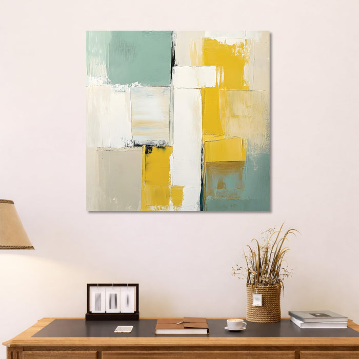 Modern Abstract Stretched Canvas Wall Art Painting For Living Room, Textured Geometric Oil Painting in Yellow, Sage Green & White, Large Gallery Wrap for Living Room & Office (56xx56 cm)