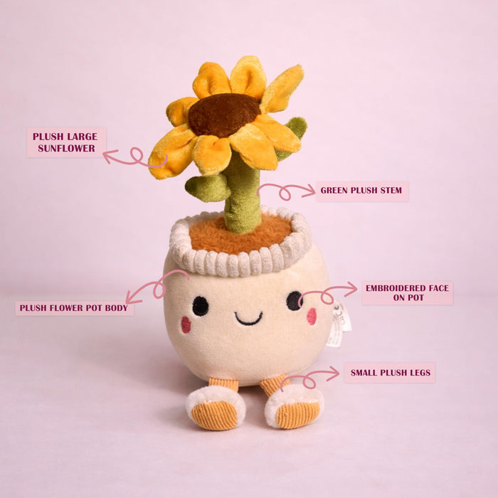 Art Street Cute White Potted Plush Plant with Smiling Face & Dangling Legs | Soft Sunflower Kawaii Desk Decor | Unique Gift for Plant Lovers, Valentine's Day