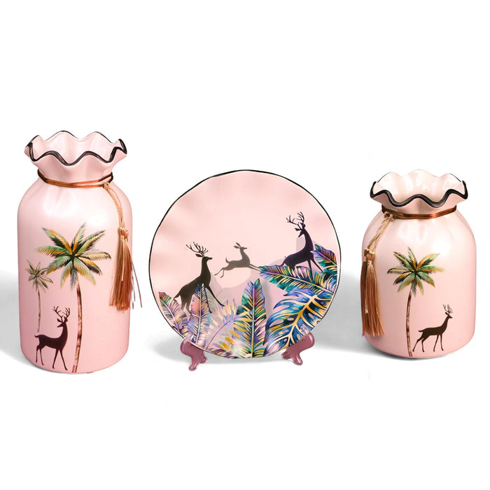 Art Street Deer and Tree Pinted Ceramic Vases and Decorative Plate Combo for Living Room, Wedding Party, Home and Office Décor (White, 4.5x9 Inch and 8x8 Inch)