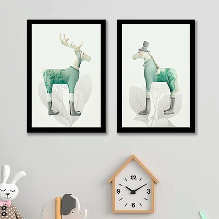 Abstract Tree Geomatric Reindeer Framed Art Print for Home, Kids Room Decoration (Set of 2, 9.4 x 12.9 Inches)