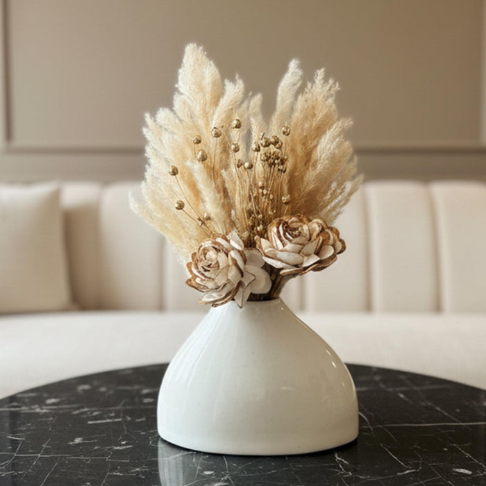 Art Street White Ceramic Decorative Vase with Pampas Grass & Golden Wood Flowers | Minimalist Table Decor | Aesthetic Home Decoration for Living Room, Bedroom, Entryway | Dried Flower Arrangement Set