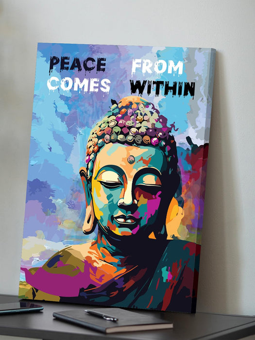 Art Street Stretched Canvas Painting Lord Buddha Peace Comes Pop Graffiti Art For Home (Size: 16x22 Inch)