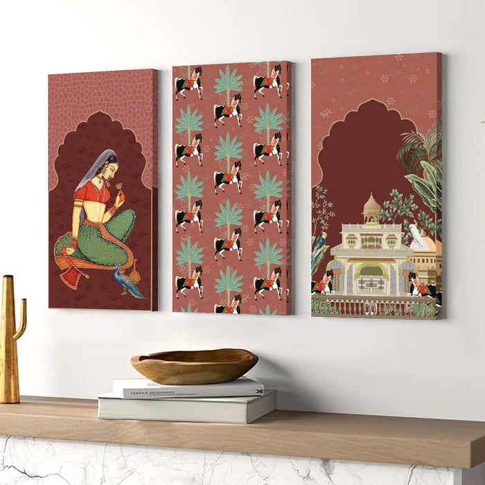 Art Street Stretched On Frame Modern Canvas Wall Art Painting Indian Art Traditional and Modern Wall Decor For Home, Bedroom, Office Decoration (Set Of 3, 12x22 Inch)