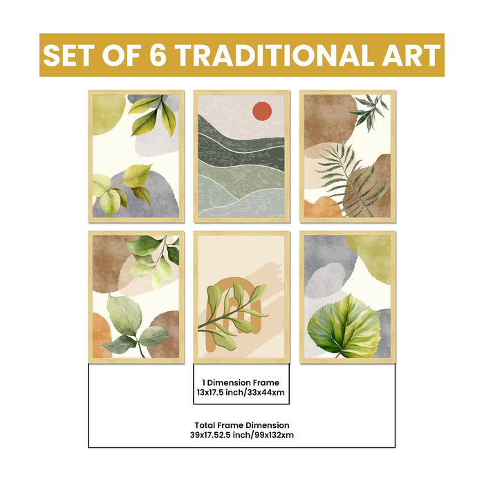 Botanical Abstract Framed Painting Wall Art Set of 6 | Green Leaf & Landscape Prints | Soft Neutral Tones | Engineered wood Frame Wall Décor, (Size: A3)